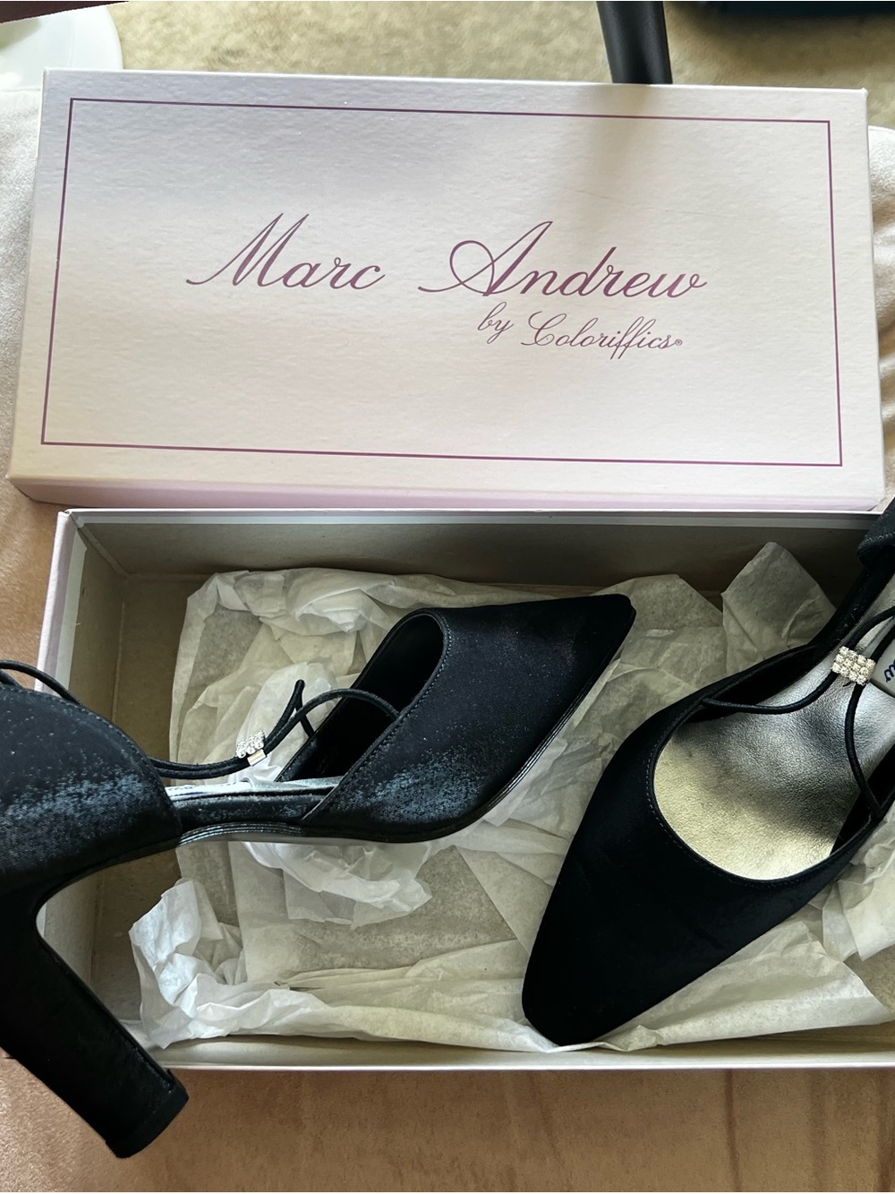 Black Satin Pointed Block Heel Pumps with Ankle Strap